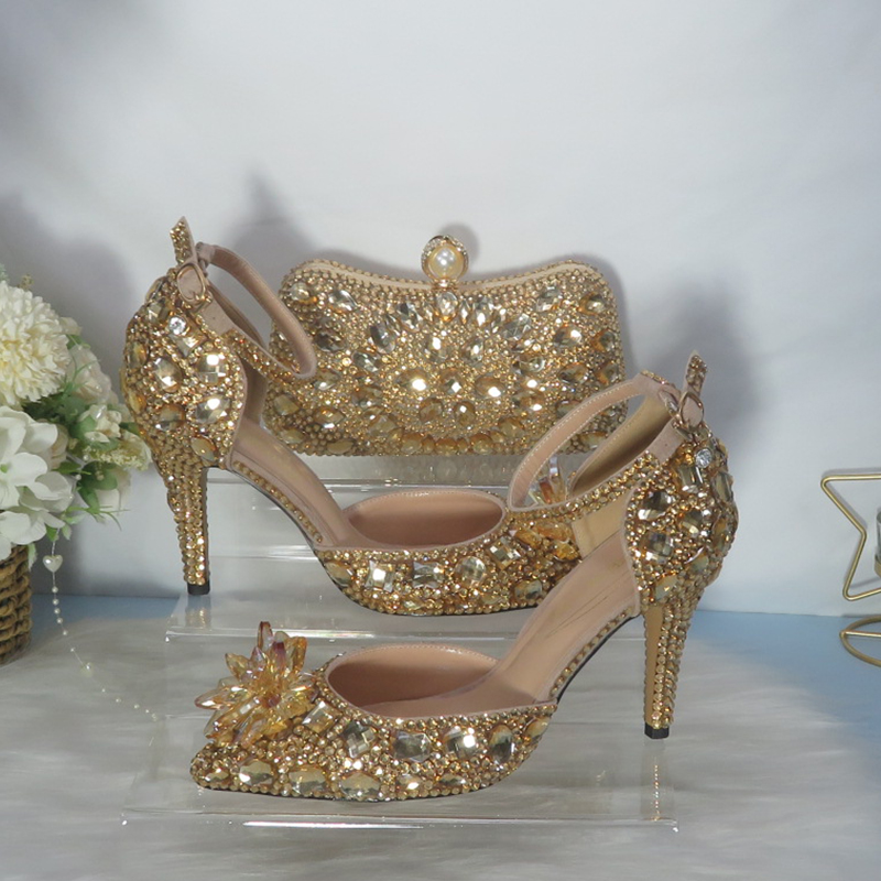 Women Bags And Shoes - 2021 Nieuwe Gouden Kristallen Bruidsschoenen Met