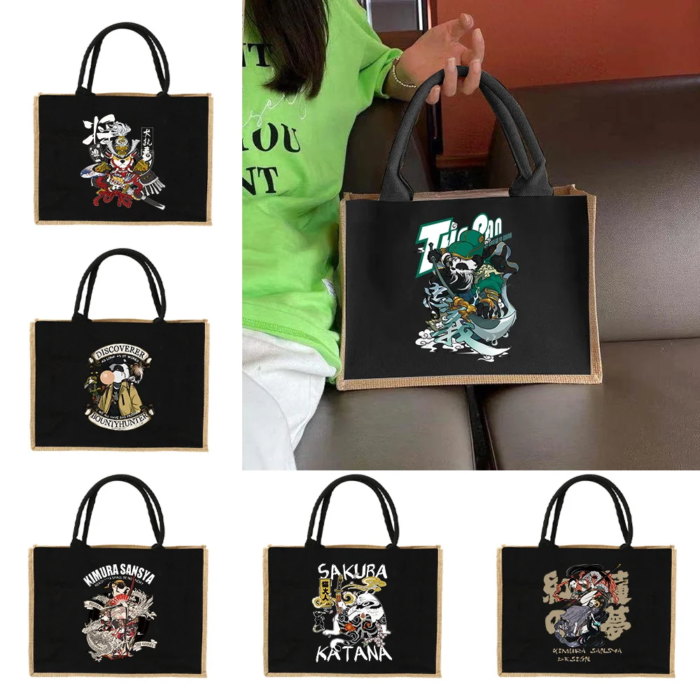 Women Bags Jute - Linnen Tote boodschappentas Samurai-patroon Jute Handgeschilderde
