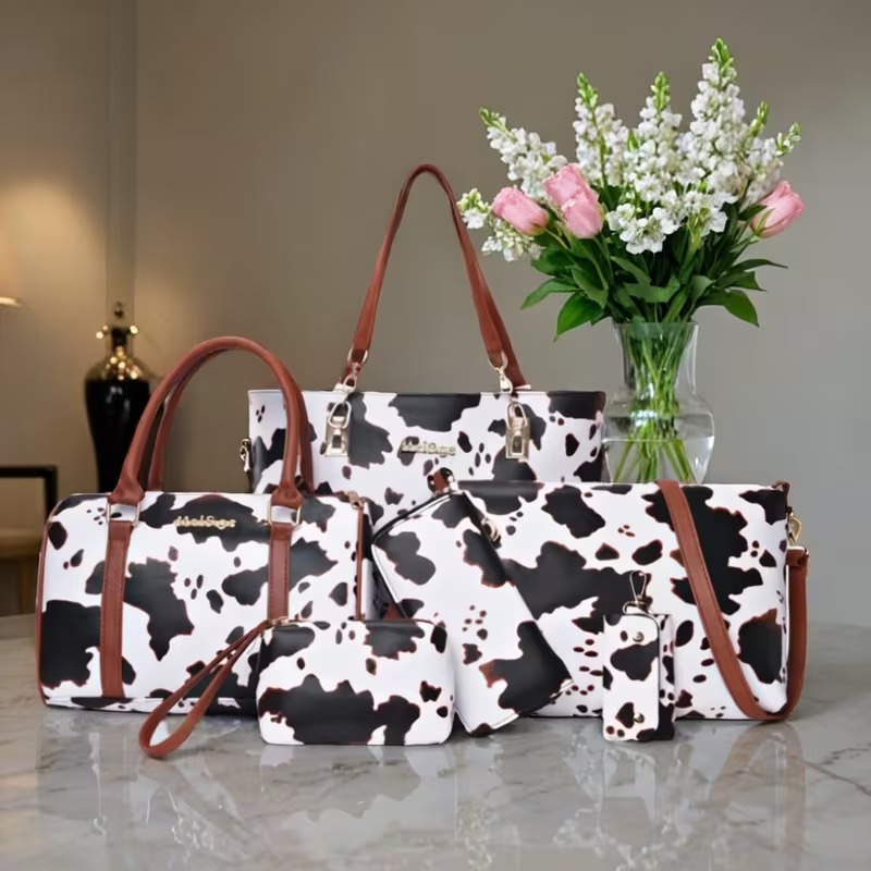 Women Bags Crossbody - 6-delige PU lederen tasjesset met koeienprint,