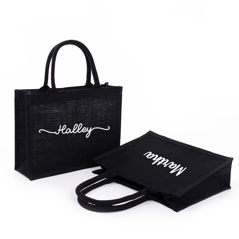 Women Bags Jute - Gepersonaliseerde zwarte jute draagtassen aangepaste naam